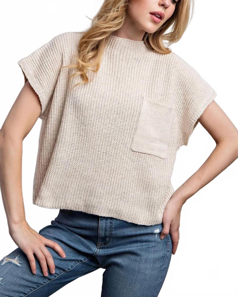 NEW SWEET GENERIS rib-knit short sleeve sweater in cream